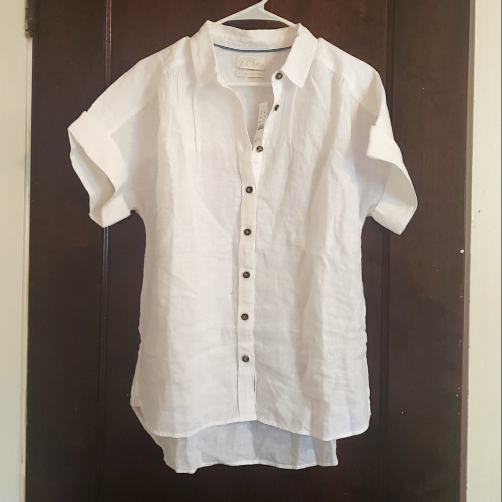 NWT J. Crew White Linen Short Sleeve Button Up